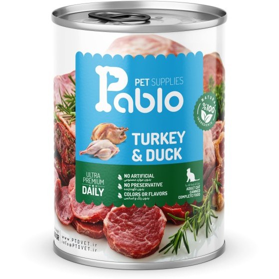 کنسرو سوپر پیریمیوم نچرال گربه بالغ پابلو طعم اردک و بوقلمون Pablo Super Premium Natural Cat food وزن 430 گرم