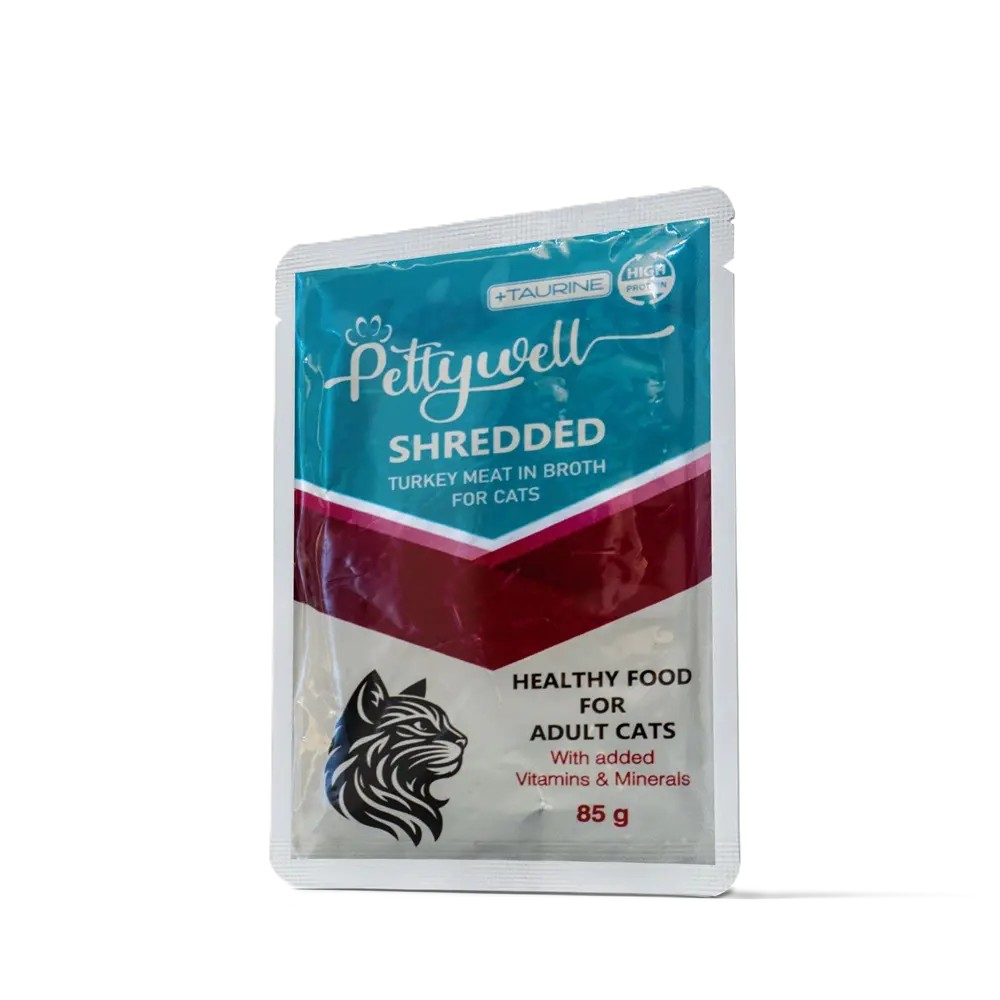 پوچ گربه پتی ول (Pettywell) مدل Shredded با طعم گوشت بوقلمون در آب گوشت - 85 گرم