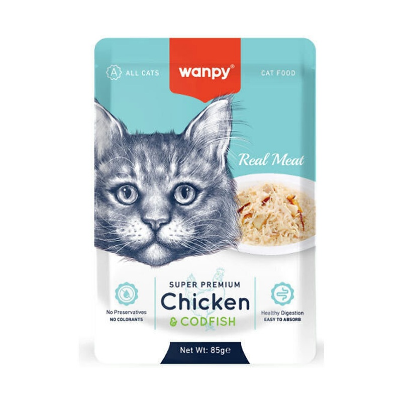 پوچ گربه ونپی Wanpy Super Premium با طعم مرغ و ماهی کاد 85 گرم|سوشی پت